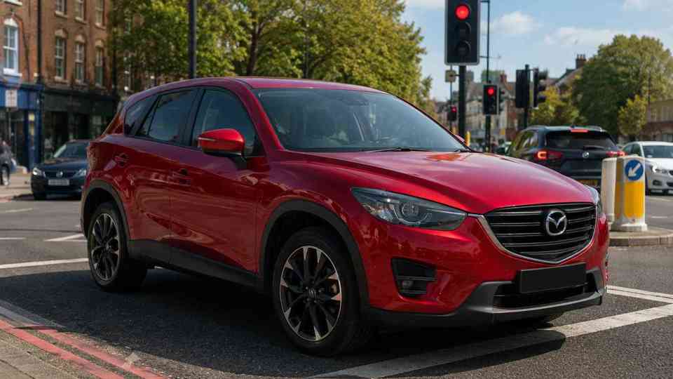 Red Mazda CX-5 driving past traffic lights
