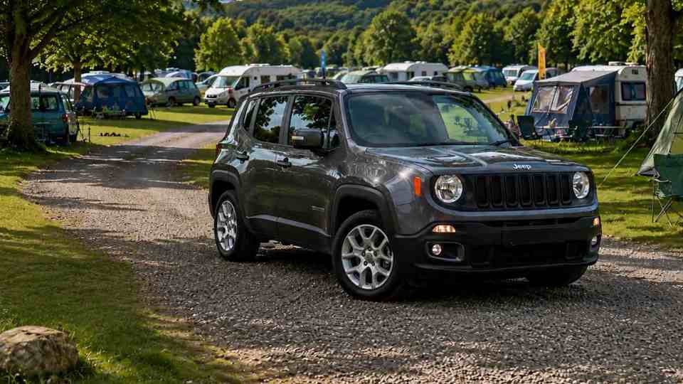 Grey Jeep Renegade at a campsite