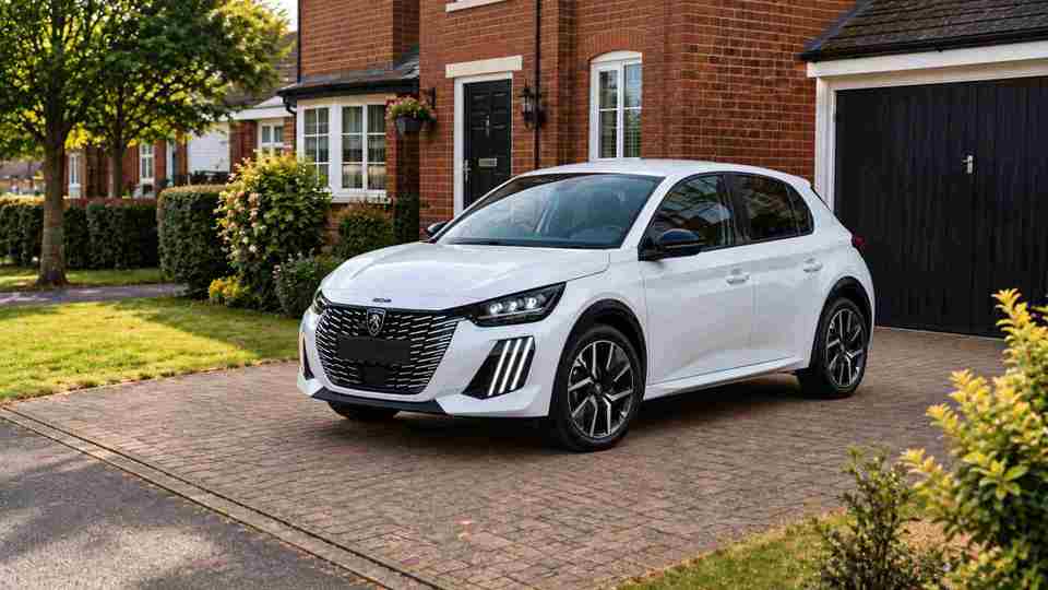White Peugeot 208 parked on a brick drive in front of a black garage
