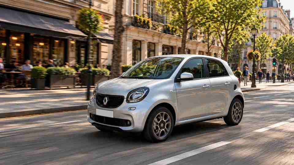 Silver SMART EQ Forfour driving past a restaurant in a city