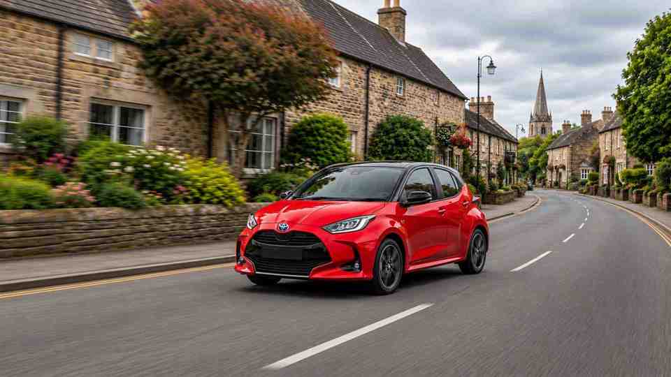 Red Toyota Yaris driving through a village