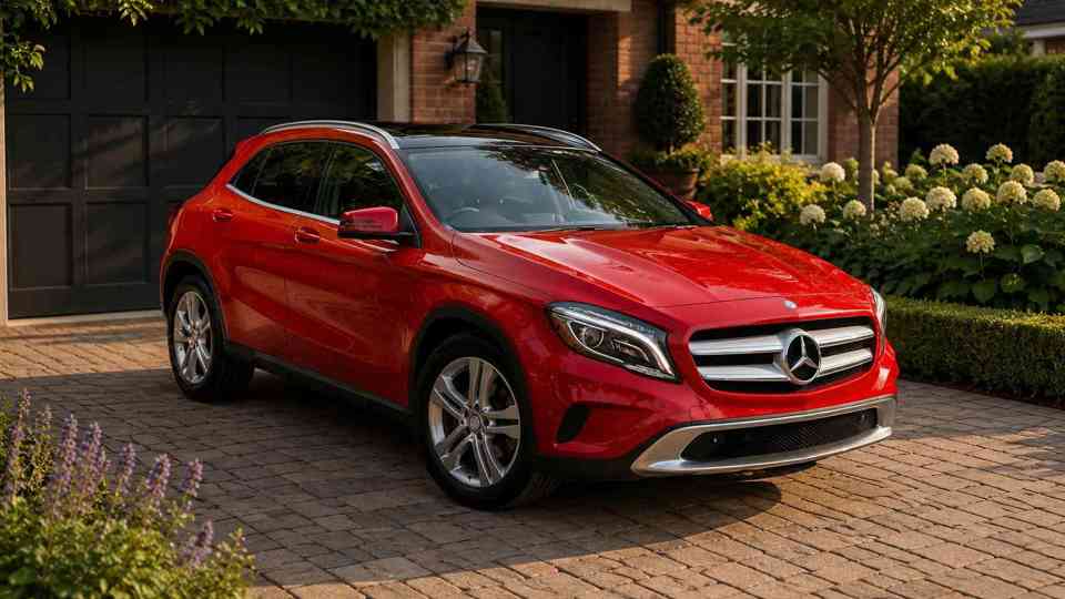 Red Mercedes GLA parked on a drive with lots of flowers and plants