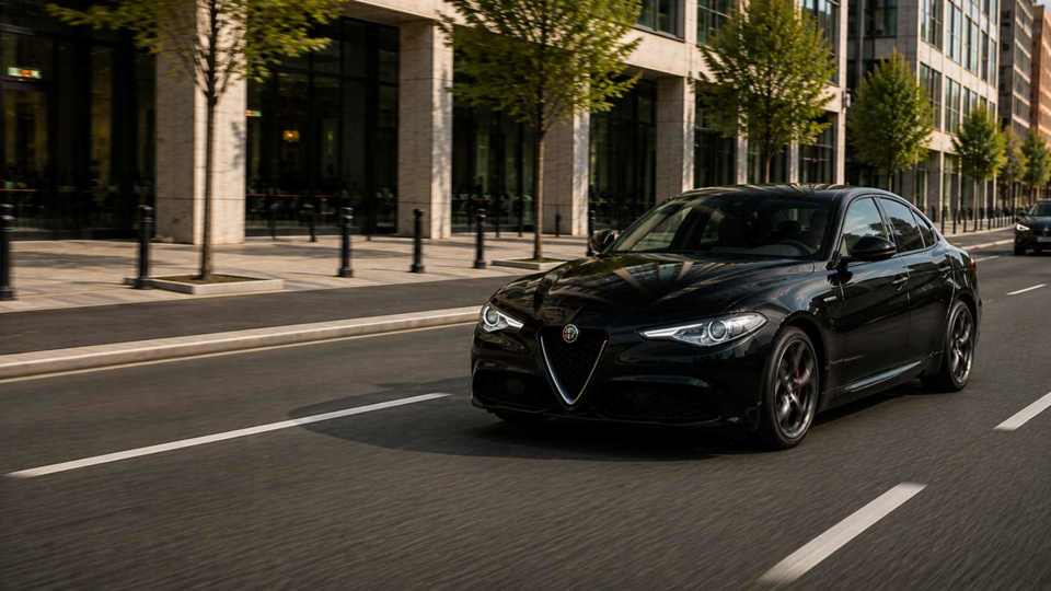 Black Alfa Romeo Giulia driving through a city