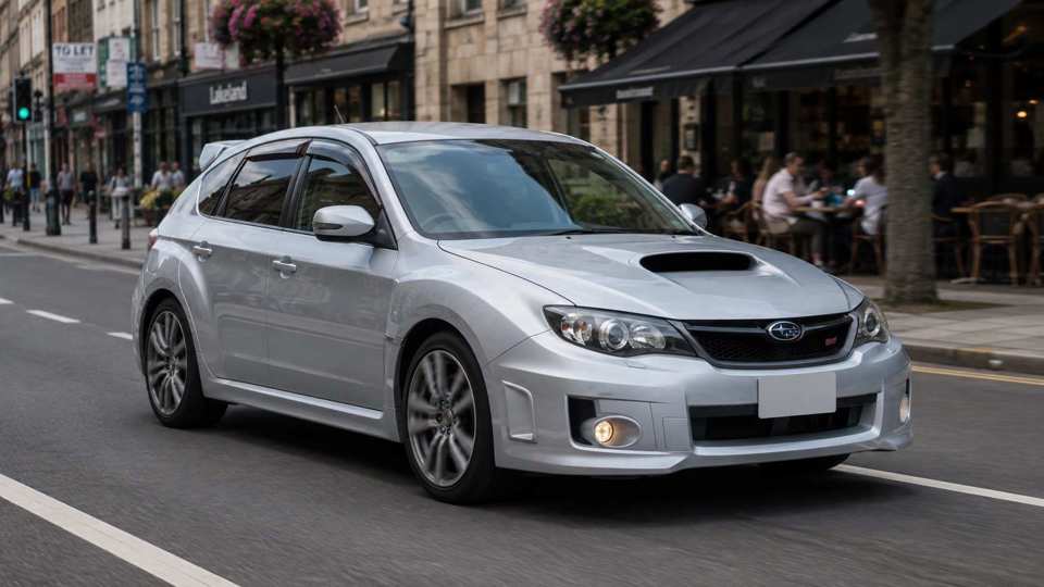Silver Subaru Impreza driving through a town