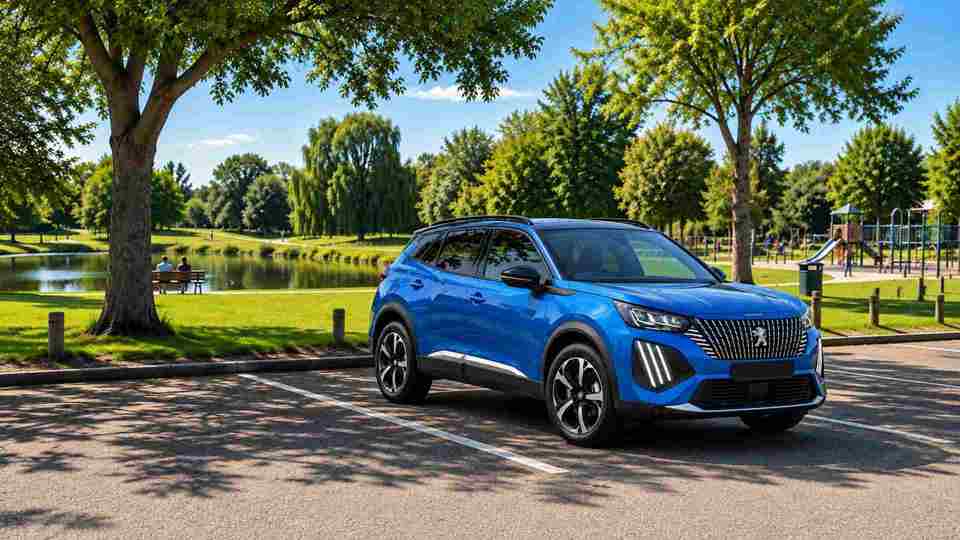 Blue Peugeot 2008 at a park with a lake and a playground