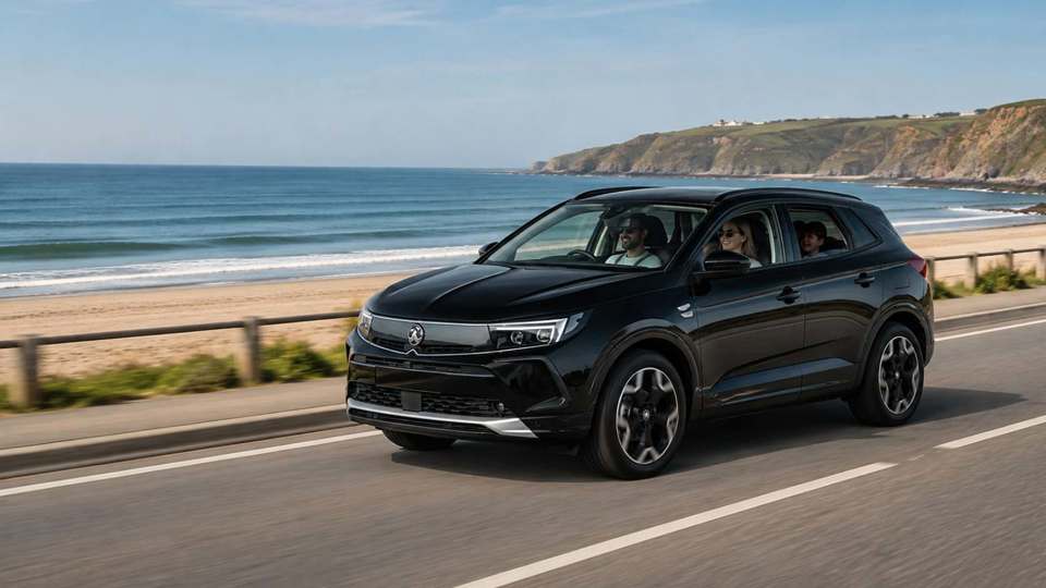 Black Vauxhall Grandland driving past a beach