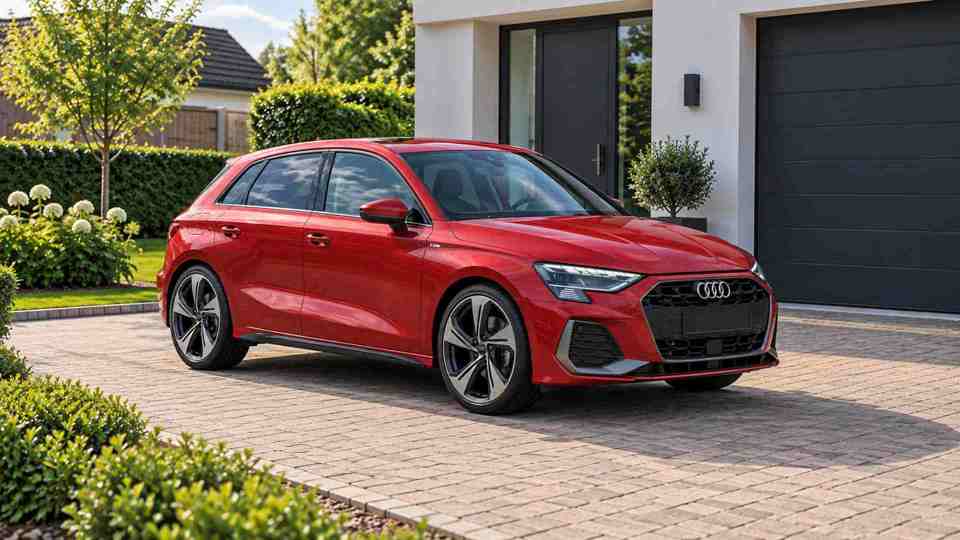 Red Audi A3 parked on brick driveway outside modern looking house