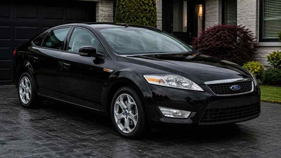 Black Ford Mondeo parked on dark brick driveway in front of a garage