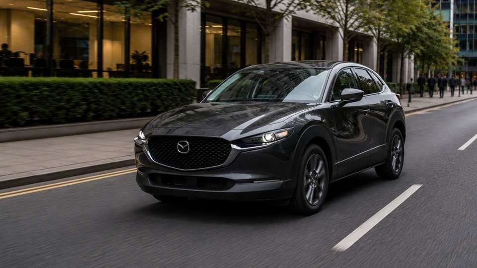 Grey Mazda CX-30 driving through a busy city
