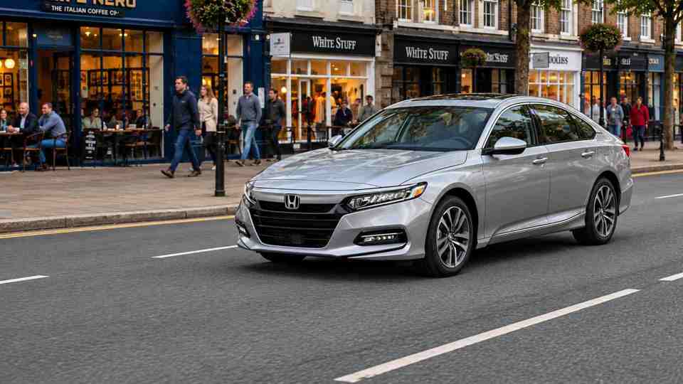 Silver Honda Accord driving past a cafe in a busy town centre