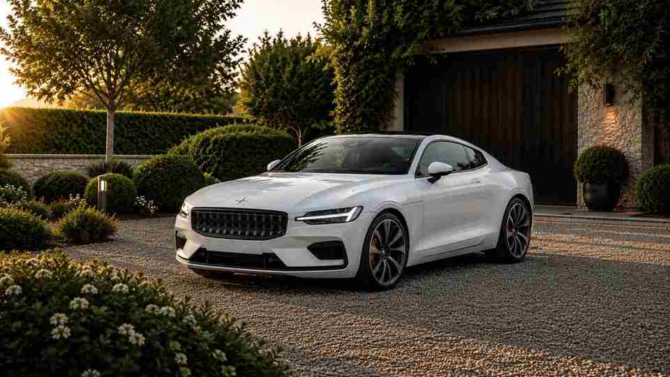 White Polestar 1 parked on a gravel drive outside a nice house