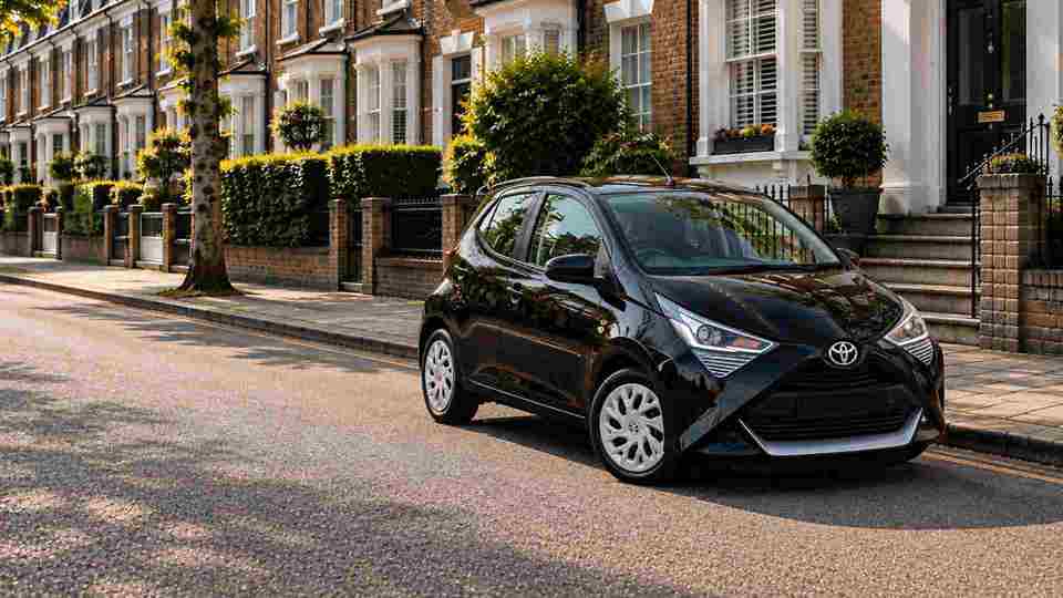 Black Toyota Aygo parked on a road outside terrace houses