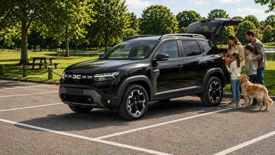Black Dacia Duster at a park with a family and a dog