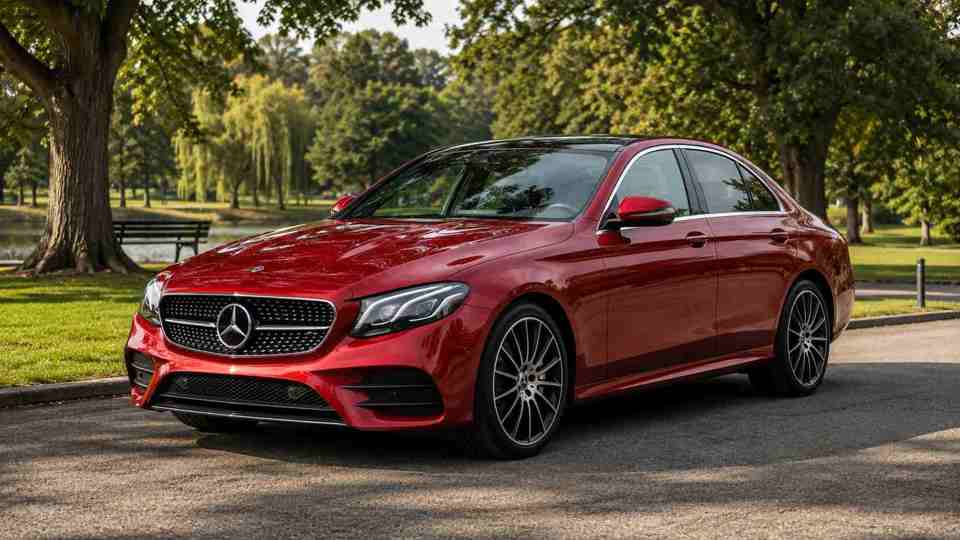 Red Mercedes E-Class at a park next to a lake