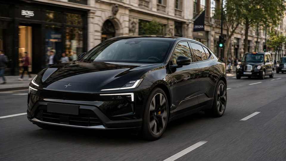Black Polestar 4 driving through a city past shops