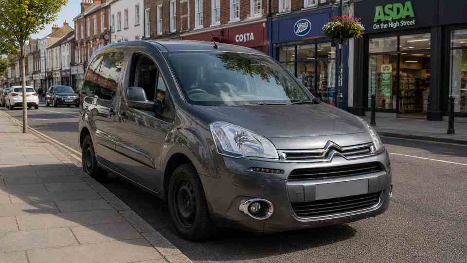 Grey Citroën Berlingo parked on town high street in front of shops