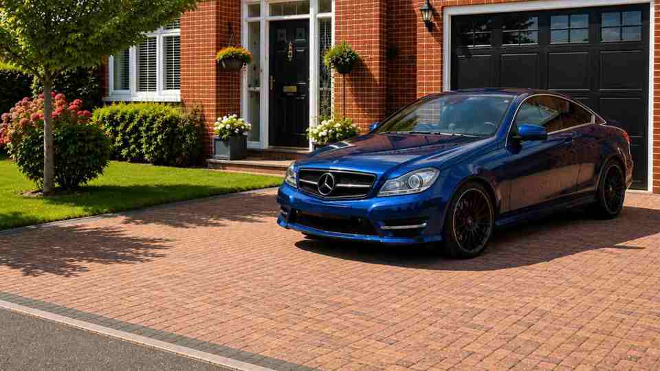 Blue Mercedes C-Class parked on a drive next to a tree in the grass