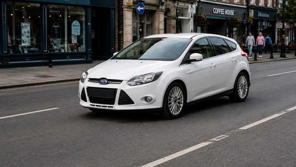 White Ford Focus driving through a town passing shops