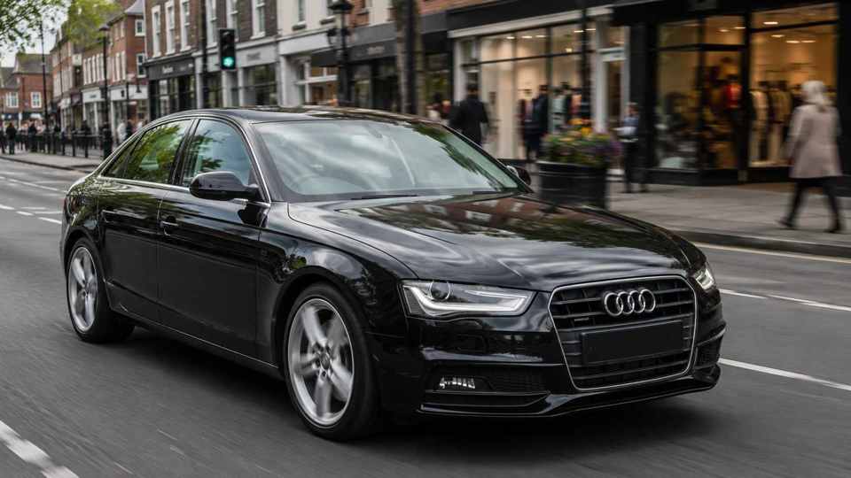 Black Audi A4 driving through town high street
