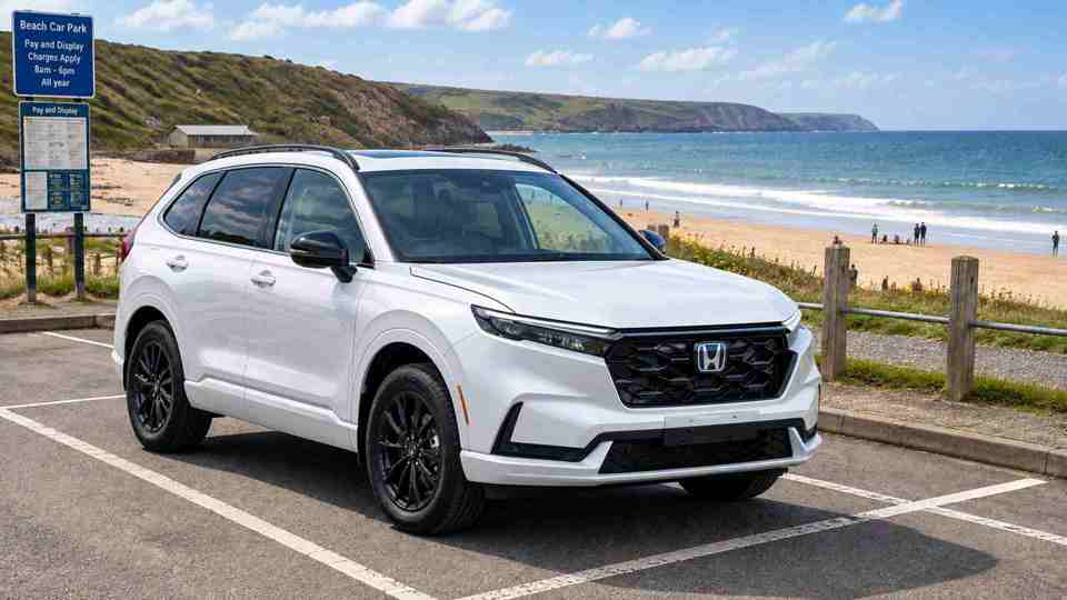 White Honda CR-V in a car park by the beach
