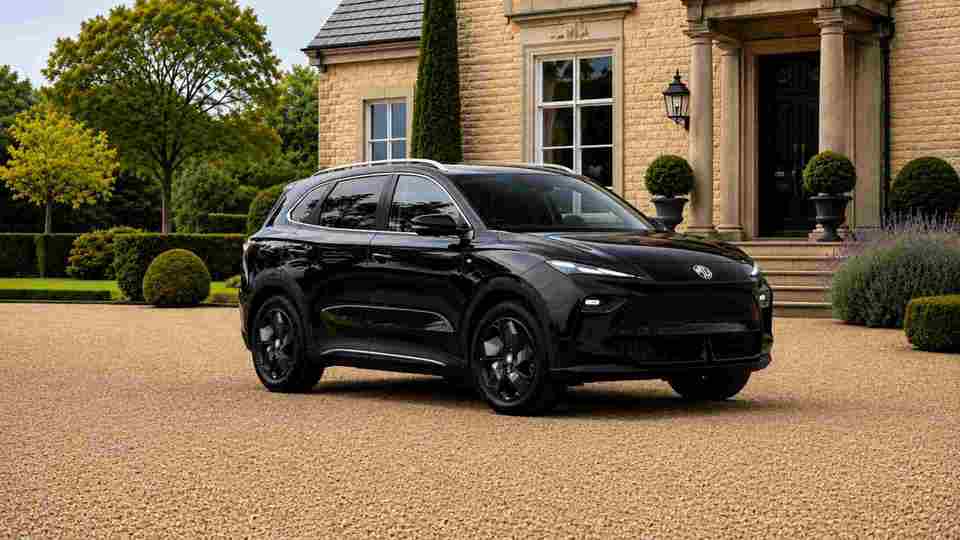 Black MG 5 EV parked on a drive outside a big house