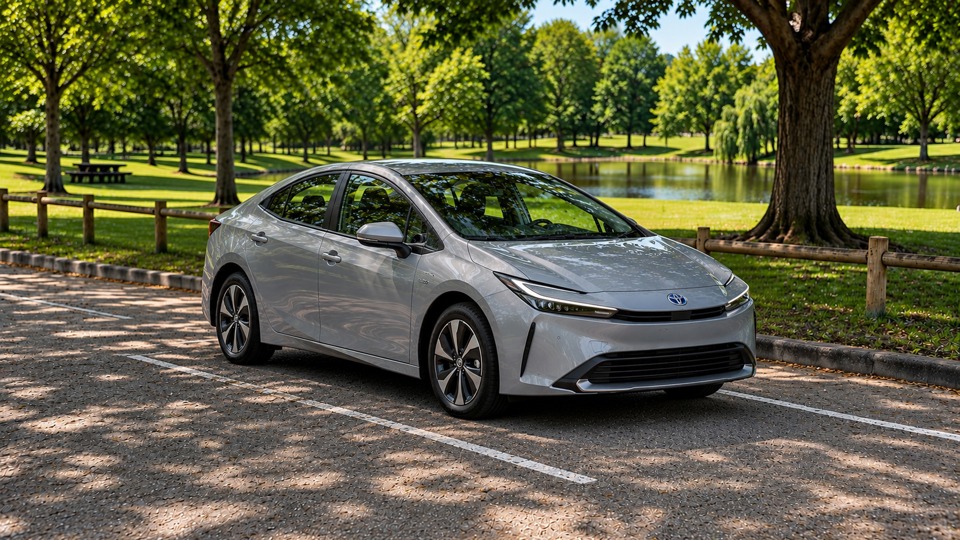 Silver Toyota Prius at a park next to a lake