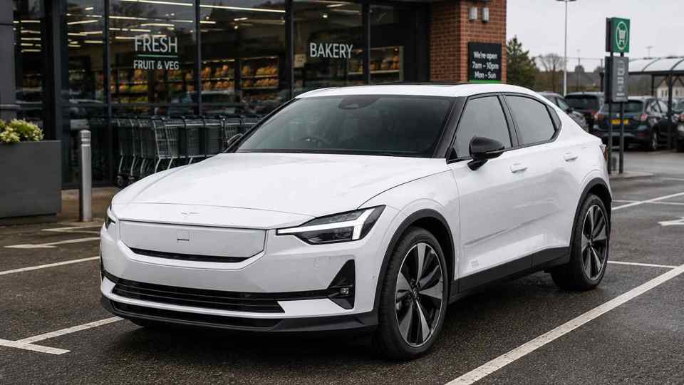 White Polestar 2 parked outside a food shop
