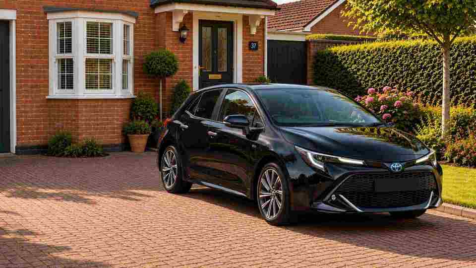 Black Toyota Corolla parked on brick drive outside a house