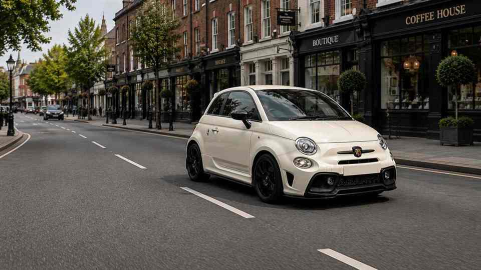 White Abarth 595 Turismo driving through town high street past shops
