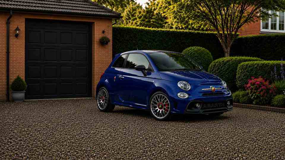 Blue Abarth 595 parked on a gravel drive