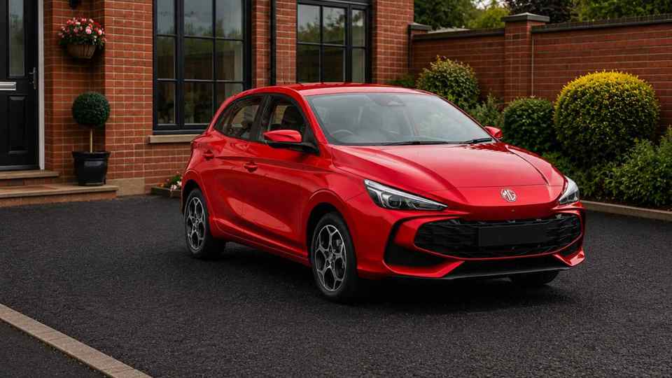 Red MG 3 parked on a dark drive in front of a house with big windows