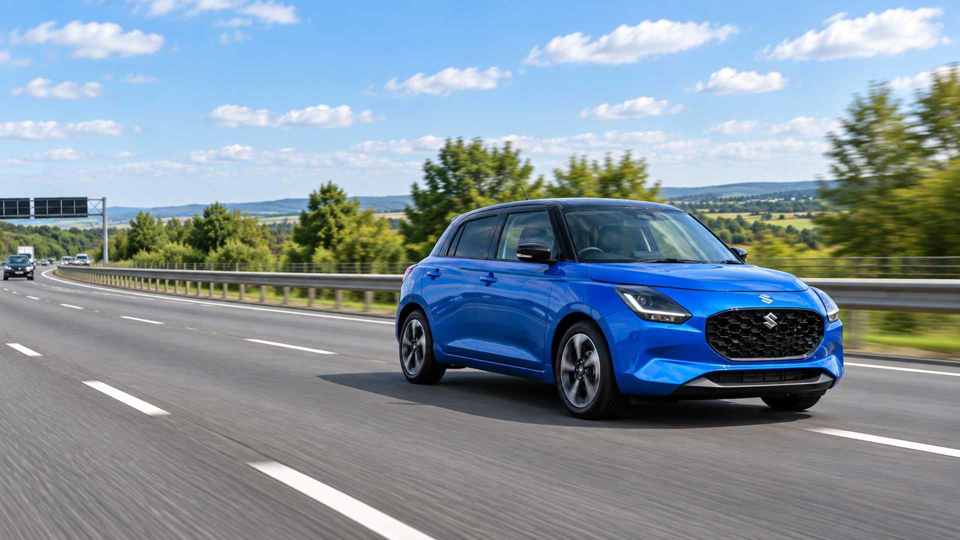 Blue Suzuki Swift driving on motorway