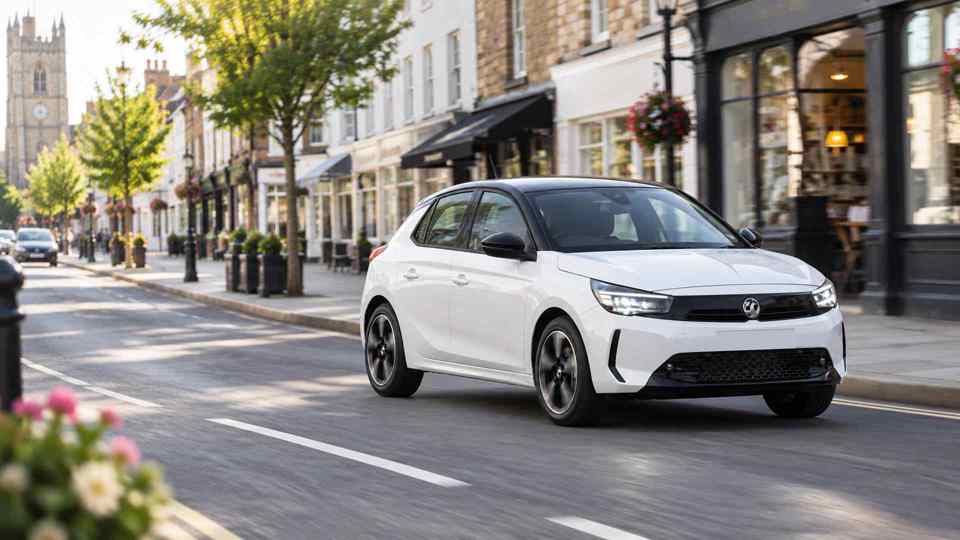 White Vauxhall Corsa driving through a town centre