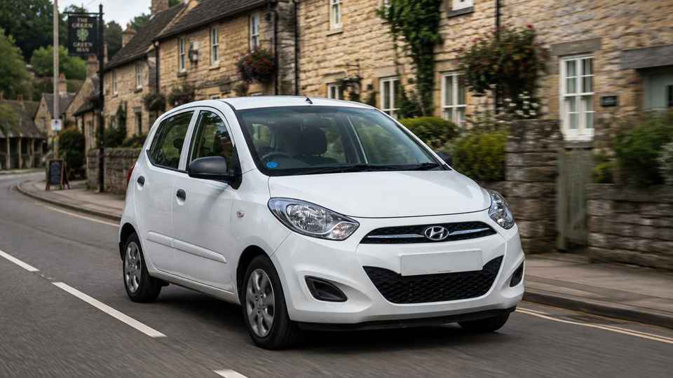 White Hyundai i10 driving through a village