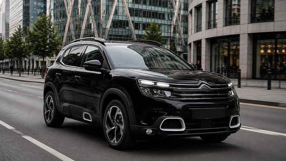 Black Citroën C5 Aircross driving through a city