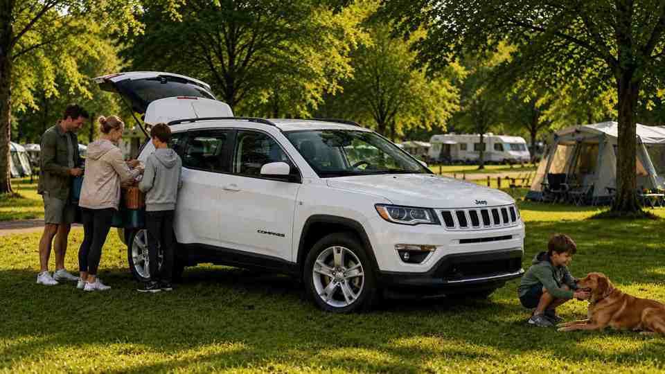 White Jeep Compass at a campsite with a family and a dog