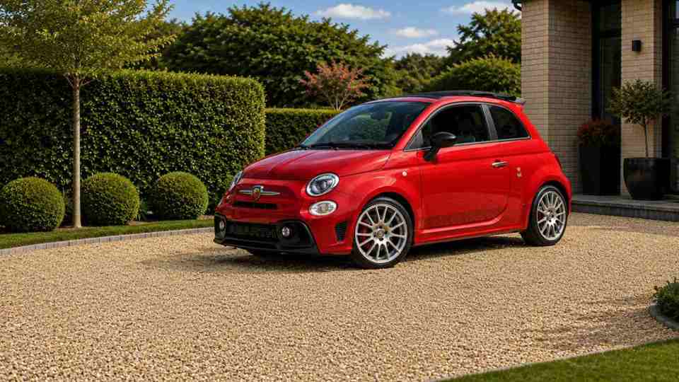 Red Abarth 695 parked on gravel drive outside a modern house