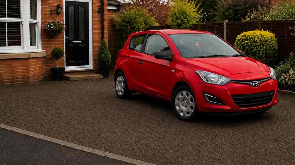 Red Hyundai i20 parked on a drive