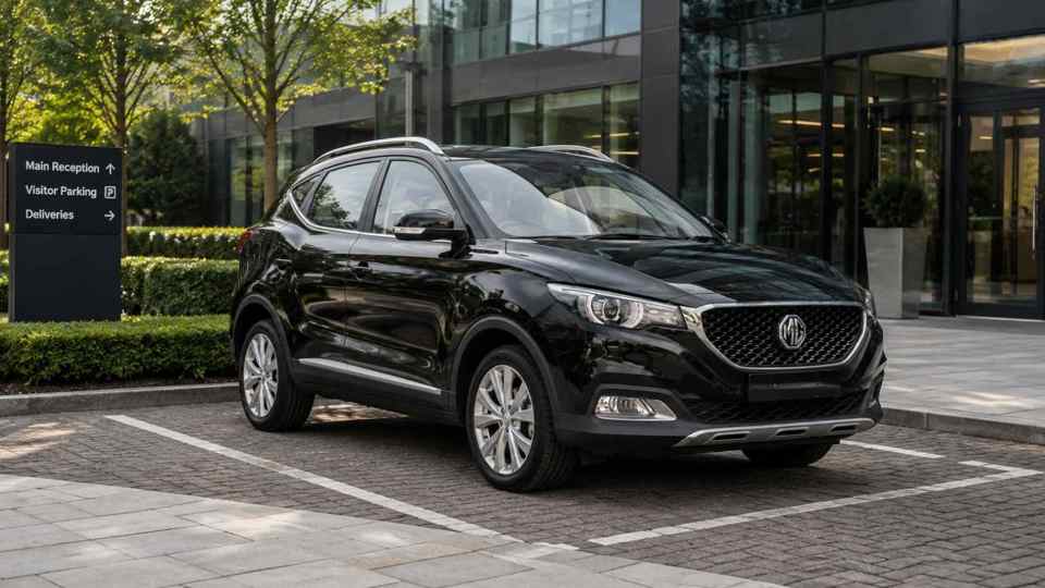 Black MG ZS parked outside an office