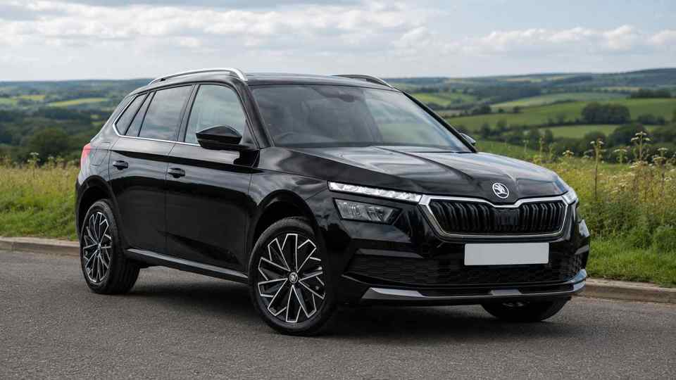 Black Skoda Kamiq parked by a field
